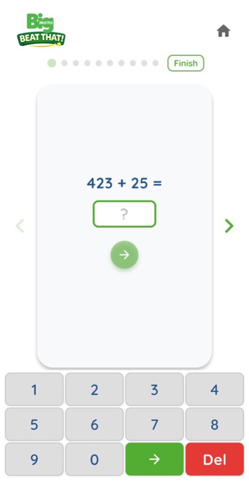 A CLIC question reading 423 + 25 with an empty answer box, ten progress dots, a Finish button and a number keypad with a green arrow