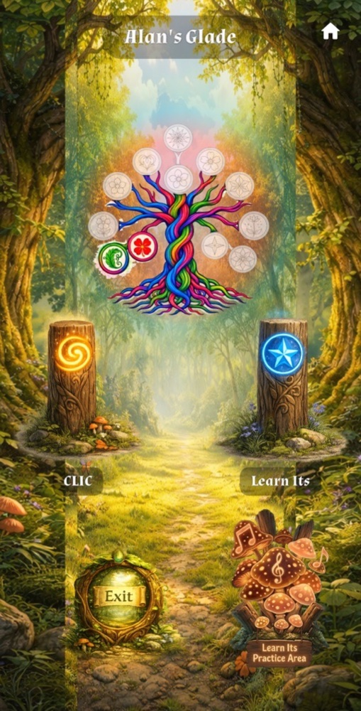 A child's Glade, with the Progress Tree at the top, the CLIC and Learn Its totems below it and the Exit button in the bottom corner
