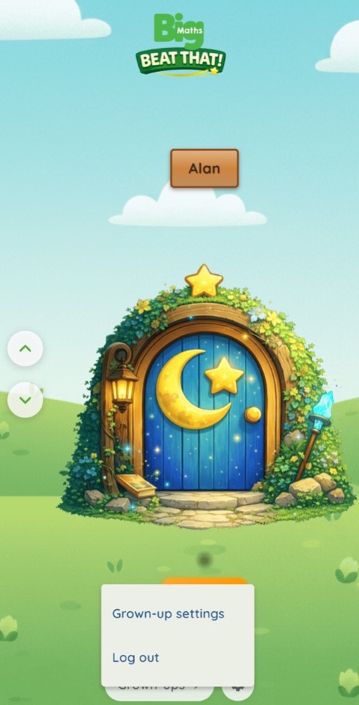 The Doors screen with the Grown-ups menu open above the settings cog, showing Grown-up settings and Log out