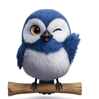 Olive, the blue bird, sitting on a branch and waving