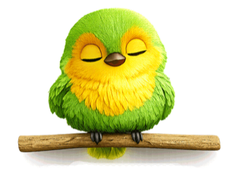 Pip, the green and yellow bird, sitting on a branch