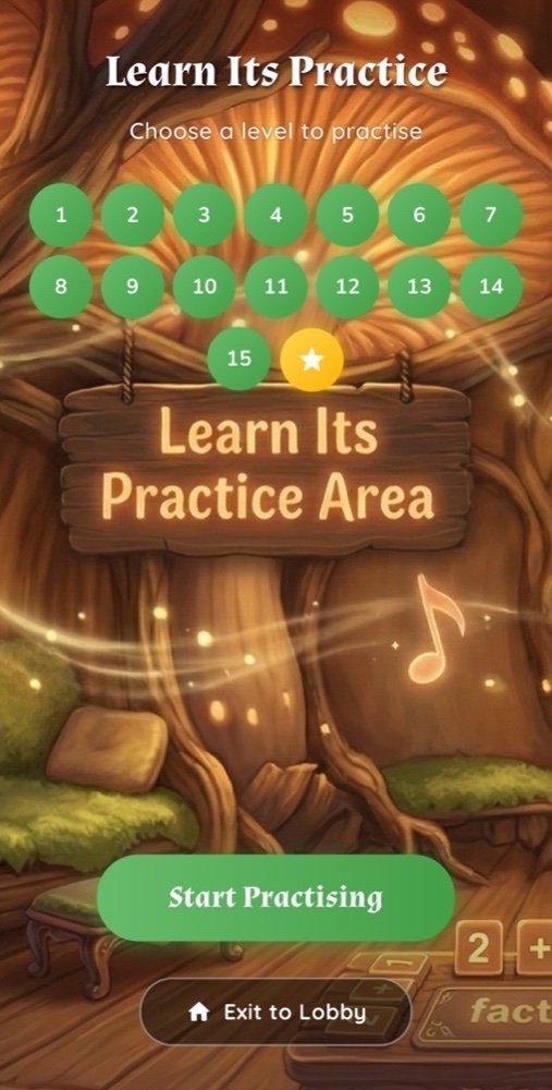 The Learn Its Practice screen with 15 level circles, a Start Practising button and an "Exit to Lobby" button