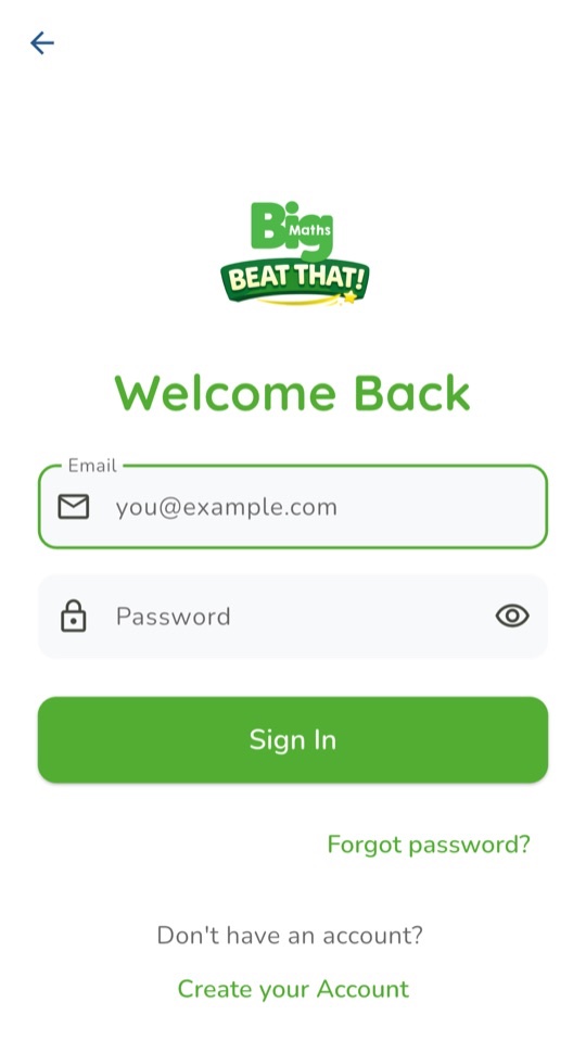 The Welcome Back sign-in screen with empty Email and Password boxes and a Create your Account link
